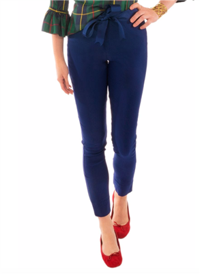 Women's navy blue flat front pull on pants in 27 inch inseam.