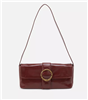 Women's leather shoulder baguette bag with hammered gold hardware and a single strap in henna color.