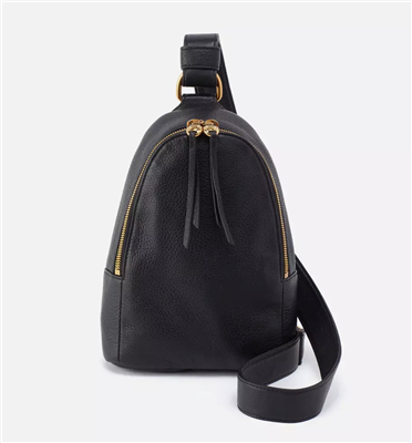 Women's black leather sling handbag with gold zipper