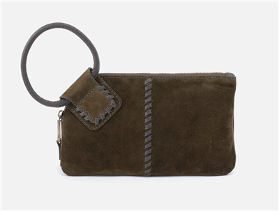 Women's HOBO suede clutch handbag in herd with whip stitching on the front with a circular handle and a top zip.
