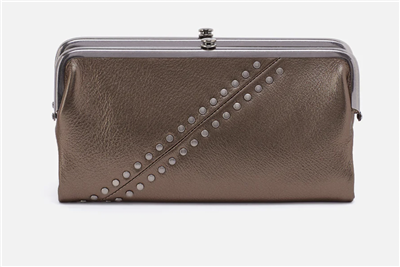 Women's HOBO pebble leather clutch wallet in pewter metallic.