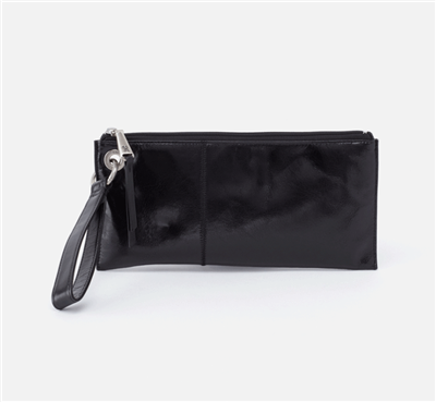 Ladies top zip leather wristlet clutch in black.