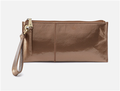 Ladies top zip leather wristlet clutch in bronze patent leather from HOBO Bags.