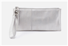 Ladies top zip leather wristlet clutch in silver metallic leather from HOBO Bags.