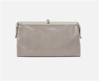 women's vintage leather clutch wallet in driftwood gray with nickel hardware and magnetic closure