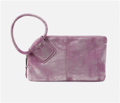 Women's HOBO leather clutch handbag in violet metallic with a circular handle and a top zip.
