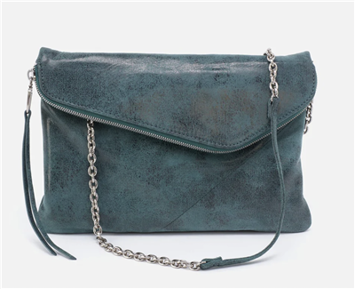 Women's grey buffed hide shoulder bag with a removable single leather and chain strap from HOBO bags