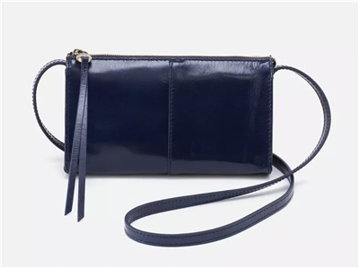 Women's HOBO small nightshade navy blue polished leather top zip crossbody bag.