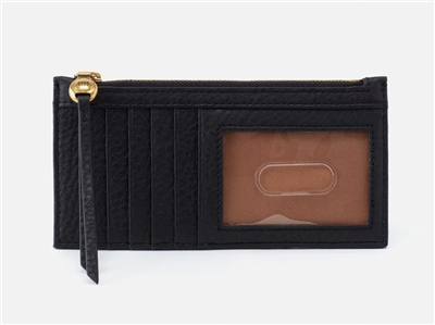 Black slim pebbled leather credit card case, 5  slots on one side, 6 slots on the other nd a size zip compartment.