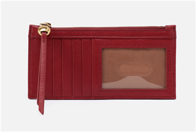 Scarlet red slim pebbled leather credit card case, 5  slots on one side, 6 slots on the other nd a size zip compartment.