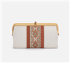 Women's vintage leather clutch wallet in powder white with tapestry stripe and magnetic closure
