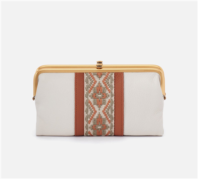 Women's vintage leather clutch wallet in powder white with tapestry stripe and magnetic closure