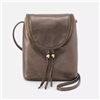 Pewter pebble leather crossbody handbag with zipper closure and adjustable strap.