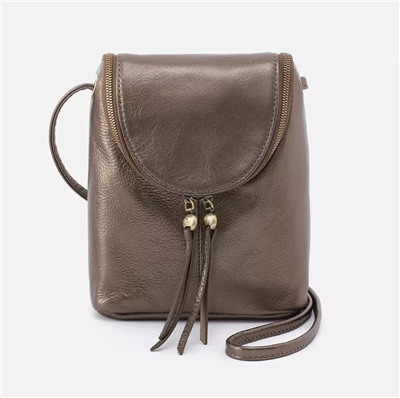 Pewter pebble leather crossbody handbag with zipper closure and adjustable strap.