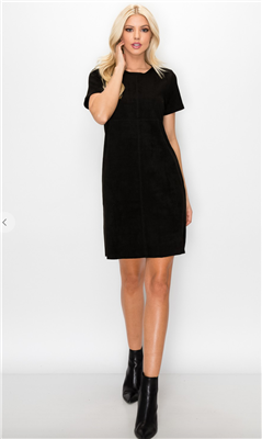 Ladies black short sleeve faux suede dress.