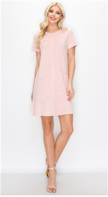 Ladies light pink short sleeve faux suede dress.