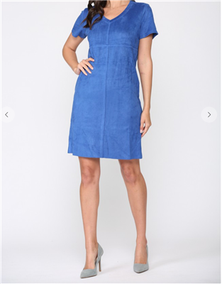 Ladies cobalt blue short sleeve faux suede dress.