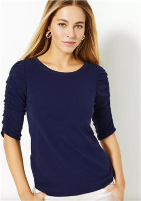 Lilly Pulitzer Navy Blue Knit Belden Top with Ruched Sleeve.