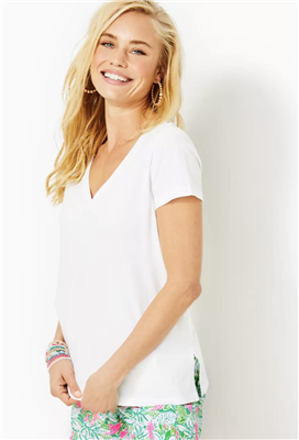 Women's white short sleeve cotton T-shirt with v-neck.