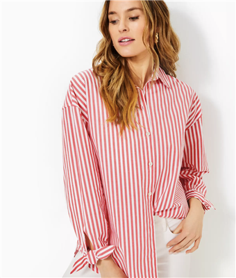 Lilly Pulitzer Lesia Relaxed Button Down Shirt Rococo Red Cabana Stripe