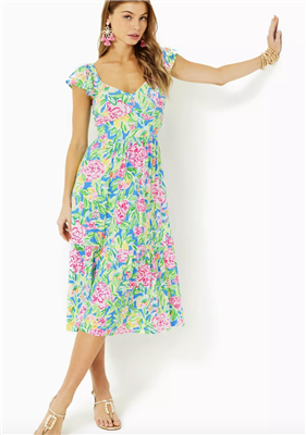 Lilly Pulitzer Bayleigh Flutter Sleeve Midi Dress in Multi Grove Garden Print.