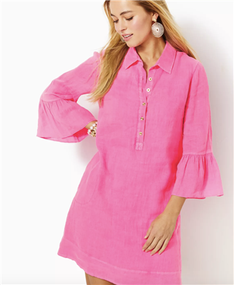 Lilly Pulitzer Jazmyn Linen 3/4 Sleeve Linen Tunic Dress in Roxie Pink.