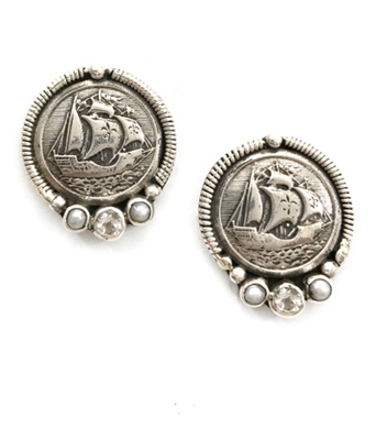 Sailing Ship Button Clip Earrings