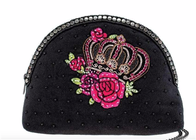 Ladies black fabric crossbody bag with beaded crown on the front from Mary Frances
