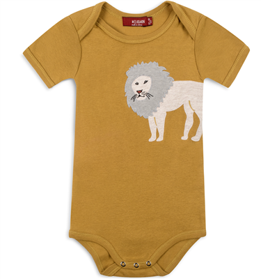 Baby organic cotton lion appliquÃ© onesie.