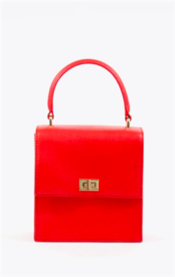 women's red leather handbag with top handle and gold hardware