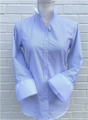 women's blue and white stripe button front blouse with 4 inch white grosgrain ribbon trim on neck and wrist.