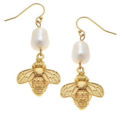 Ladies Gold Bee and pearl Earrings from Susan Shaw