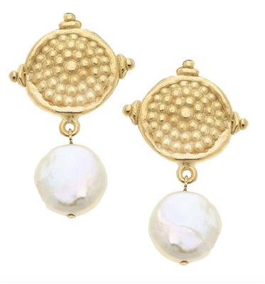 Ladies Gold Dotted Top with Pearl Earrings