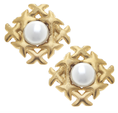 Gold X's & Pearl Clip Earrings from Susan Shaw