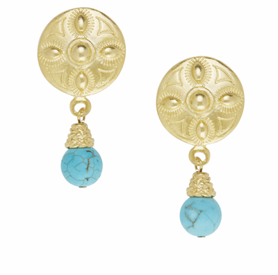 Gold circle earrings with turquoise drop