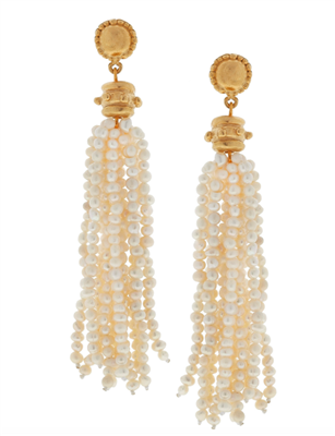 Multi stands of tiny freshwater pearls on a gold cabochon that measure 3.5 inches long that form a tassel earring
