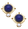 Ladies 24K gold plate blue quartz stud earrings with freshwater pearl