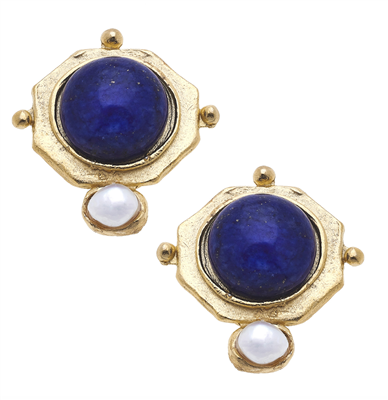 Ladies 24K gold plate blue quartz stud earrings with freshwater pearl