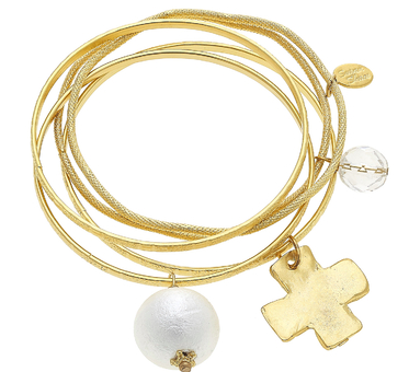 Women's 5 gold bangles set with pearl and cross