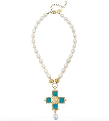 Ladies Freshwater Pearl Necklace with Teal Glass on a Gold Cross