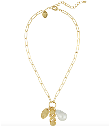 Ladies gold paperclip chin necklace with "OXO" charm and baroque pearl pendant