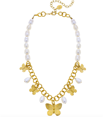Women's necklace with gold butterflies pendants on a freshwater pearl necklace