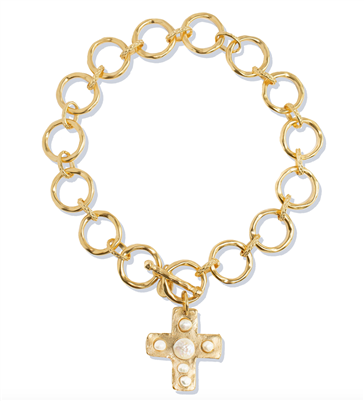 Ladies gold chain pearl necklace with gold cross with freshwater pearl