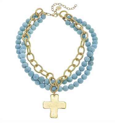 Ladies 3 Strand Necklace with Turquoise and Gold Cross