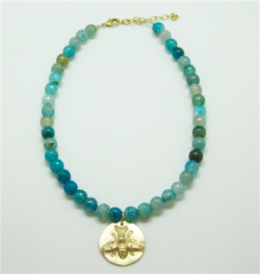 14K Goldplate 16 inch chain necklace with a bee medallion and teal agate beads