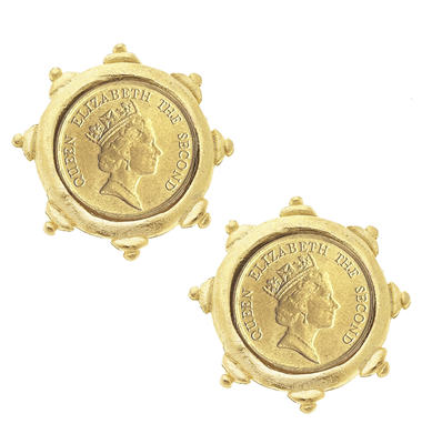 Gold Queen Elizabeth II coin stud earrings.