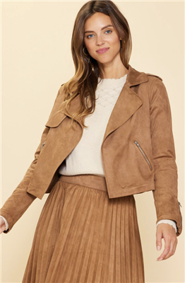 Women's brown faux suede moto jacket.