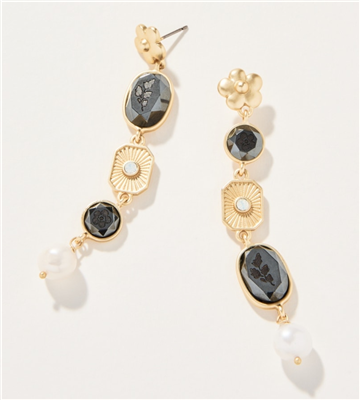 Women's 2.75" long earrings made of carved hematite, freshwater pearls and white opal crystals.