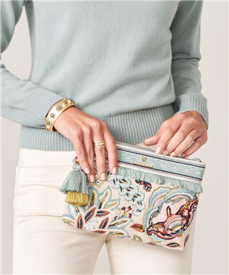 Women's cotton and jute embroidered top zip wristlet from Spartina.