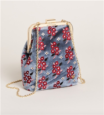 Women's gray embroidered crossbody bag with gold chain strap that can be removed to carry as a clutch.